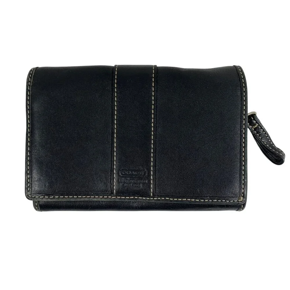 Coach Black Leather Bifold Wallet Snap Closure L Zip Coin Slot Bills Cards